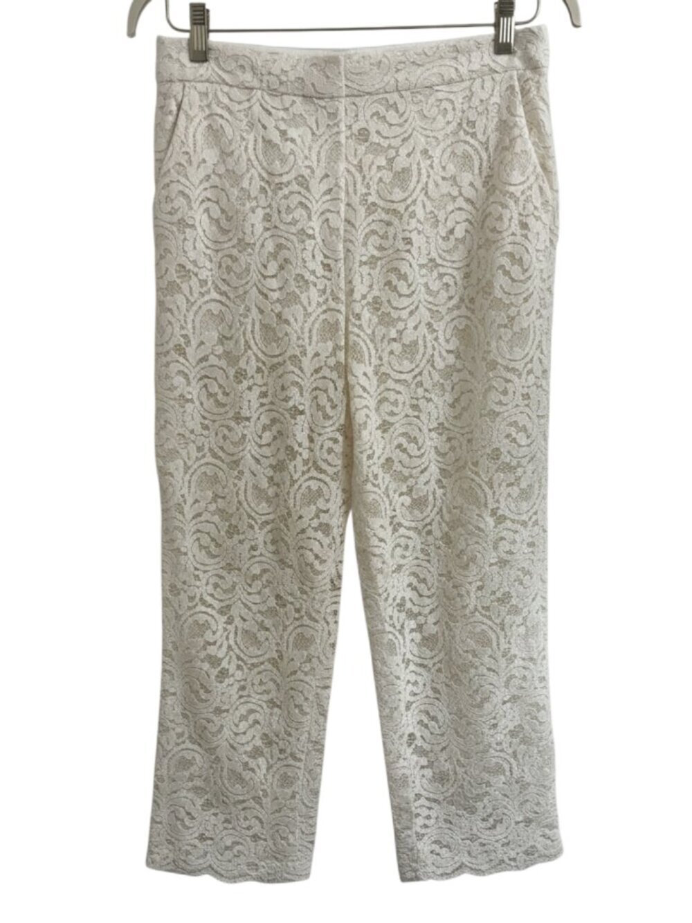 NWT Zara White Floral Lace Straight-Leg Pants - Sheer Bottom - Size L